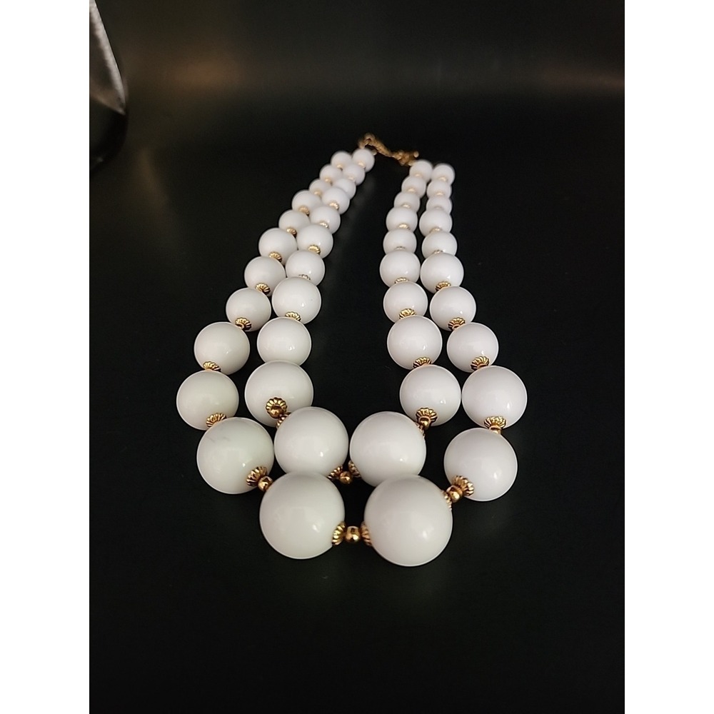 Vintage White Double Strand Lucite Statement Necklace W/ Goldtone Spacers 22"